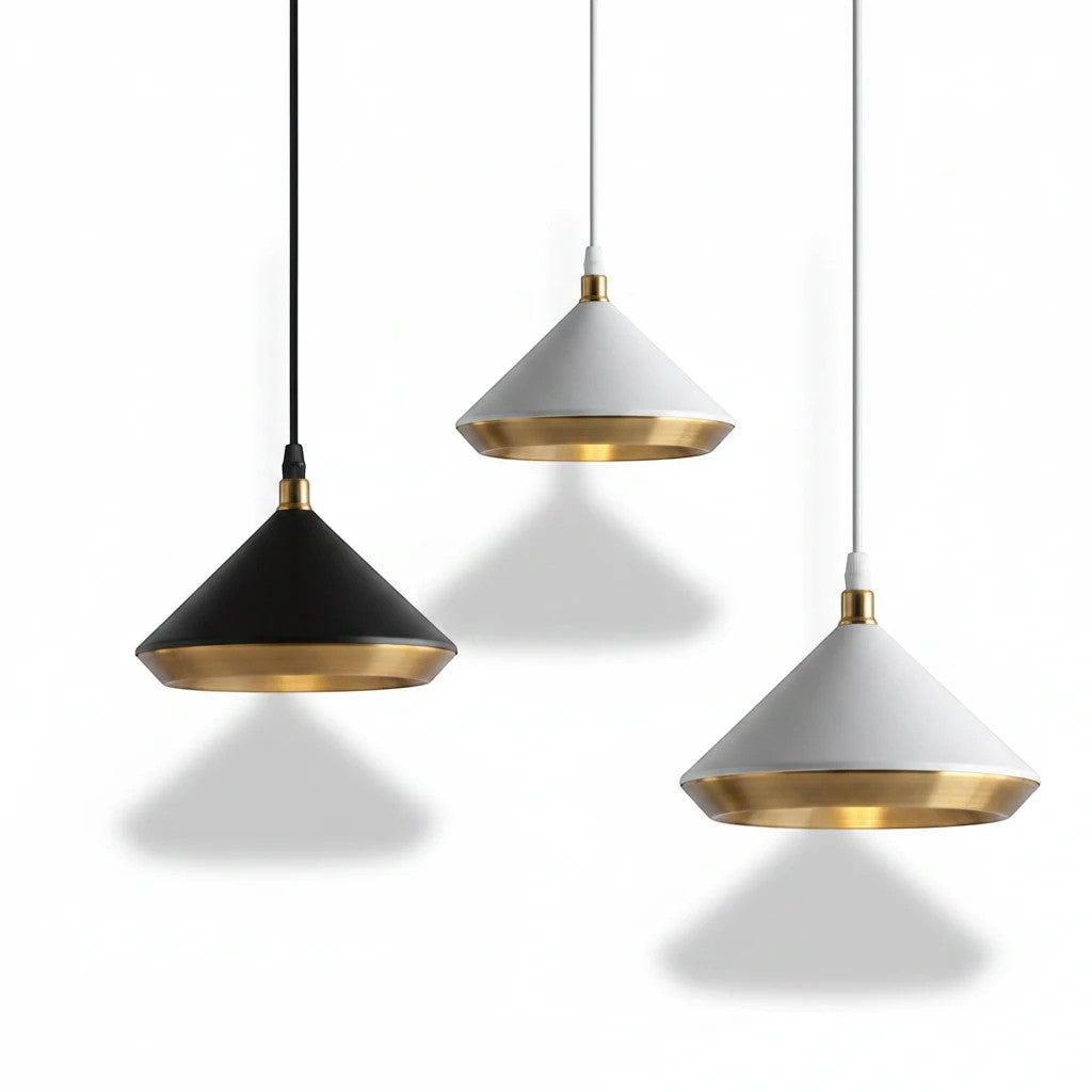 Lysverden modern cone pendant lights in black and white metal with warm gold interior reflectors hanging in a group.