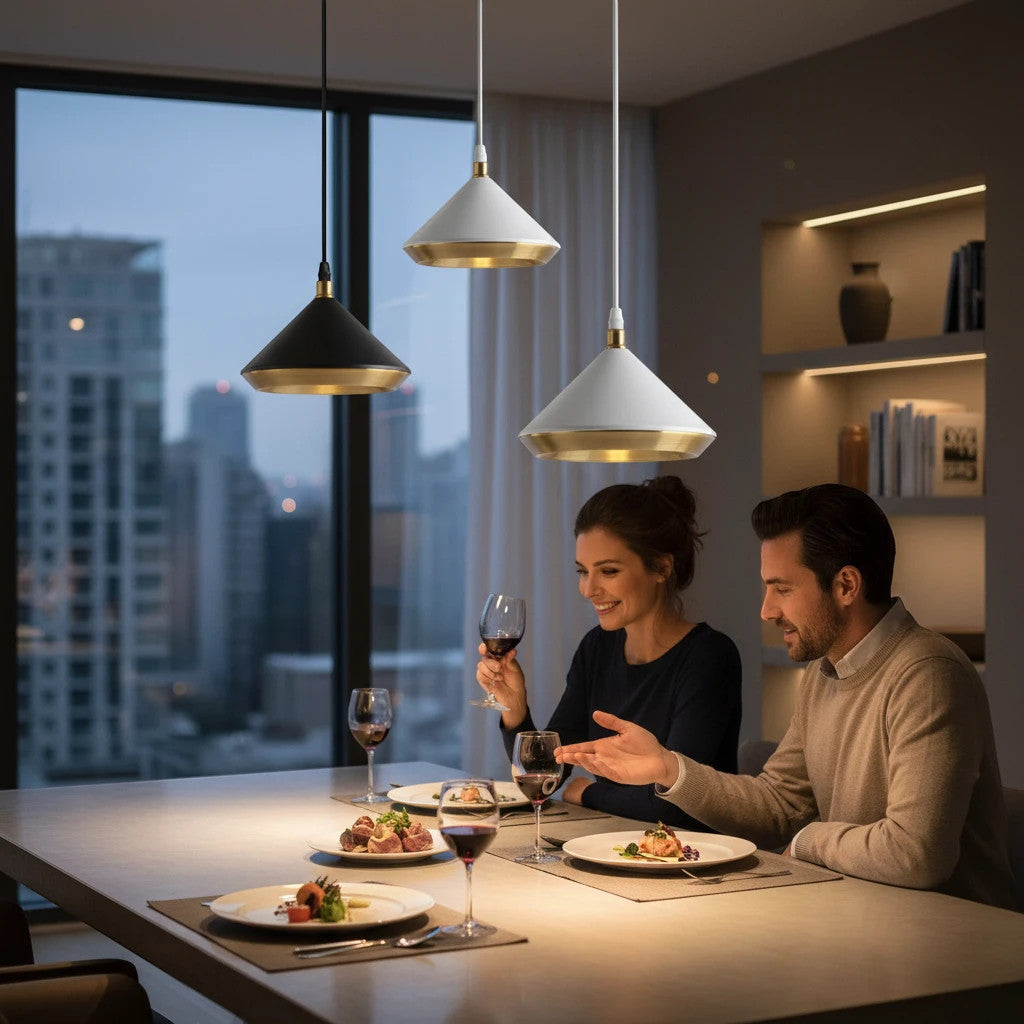 Lysverden modern cone pendant lights in black and white with gold interior hanging over a dining table in a city home