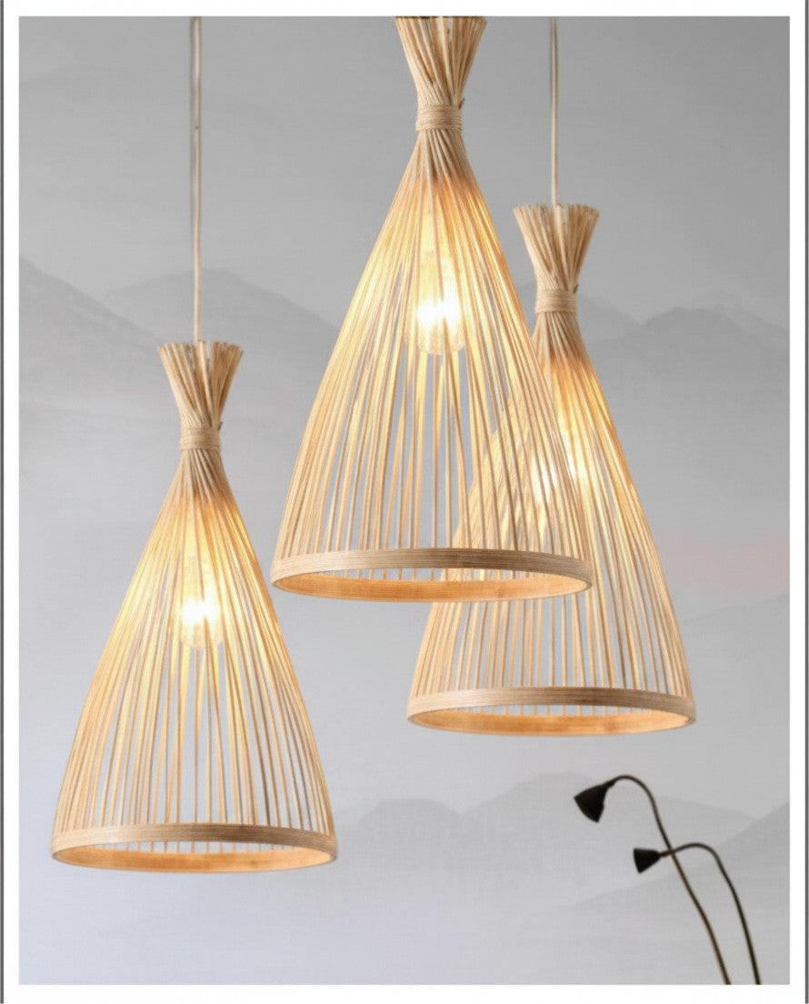 Lysverden conical rattan and bamboo pendant lights in natural wood finish with a fan-shaped woven design