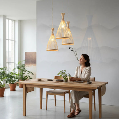 Lysverden conical rattan pendant lights hanging over a wooden dining table with a woman sitting in a bright room.
