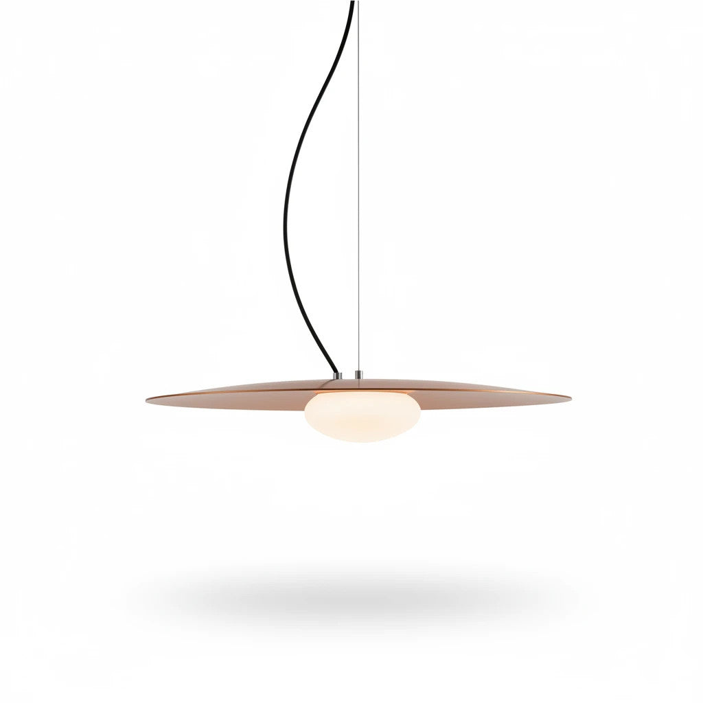 Lysverden copper disc pendant lamp with a central opal glass globe for soft, glare-free lighting in a modern home.
