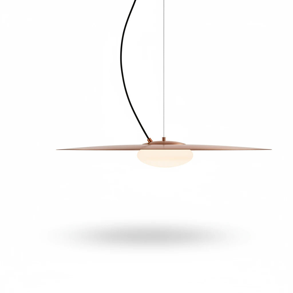 Lysverden flat disc pendant lamp in copper with a central opal glass globe for soft, glare-free lighting.