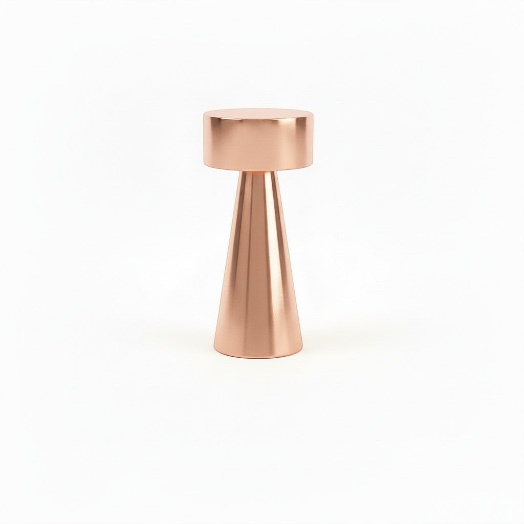 Lysverden mini copper cylinder touch table lamp with conical base, 4 color temps, 3 dimming levels, Qi charging.