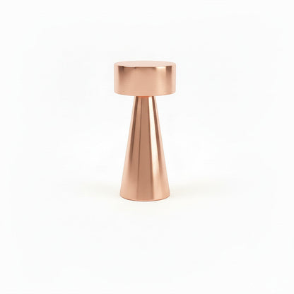Lysverden mini copper cylinder touch table lamp with conical base, 4 color temps, 3 dimming levels, Qi charging.