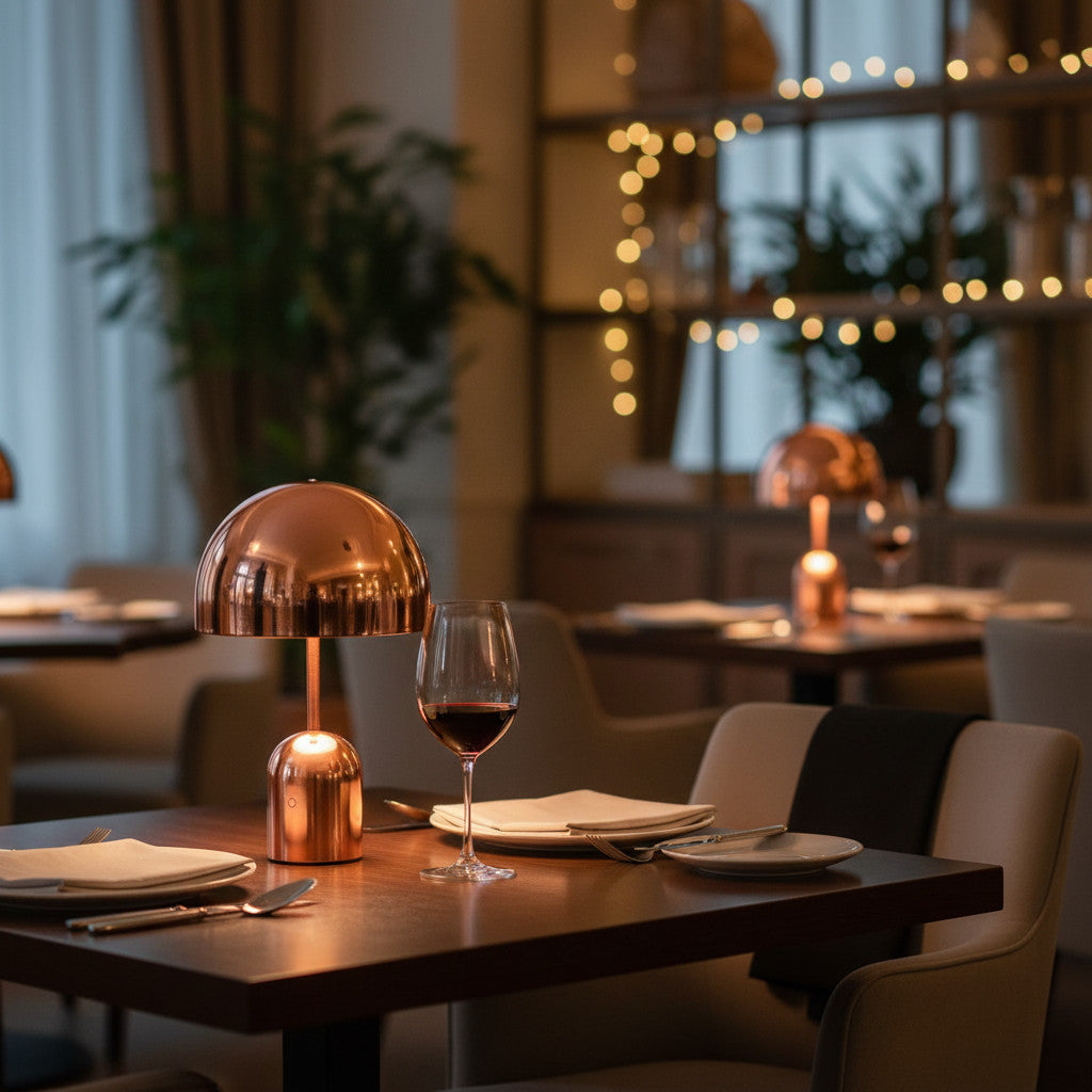Lysverden mushroom-shaped copper metal table lamp with touch control and dimmable light.