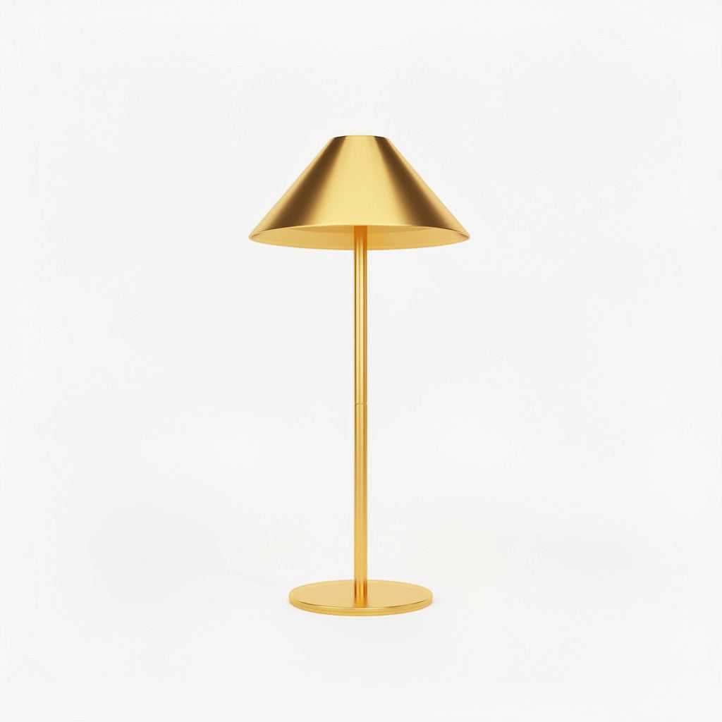 Lysverden cordless table lamp with conical gold ABS shade and metal base, touch control, dimmable, 3000K warm light.