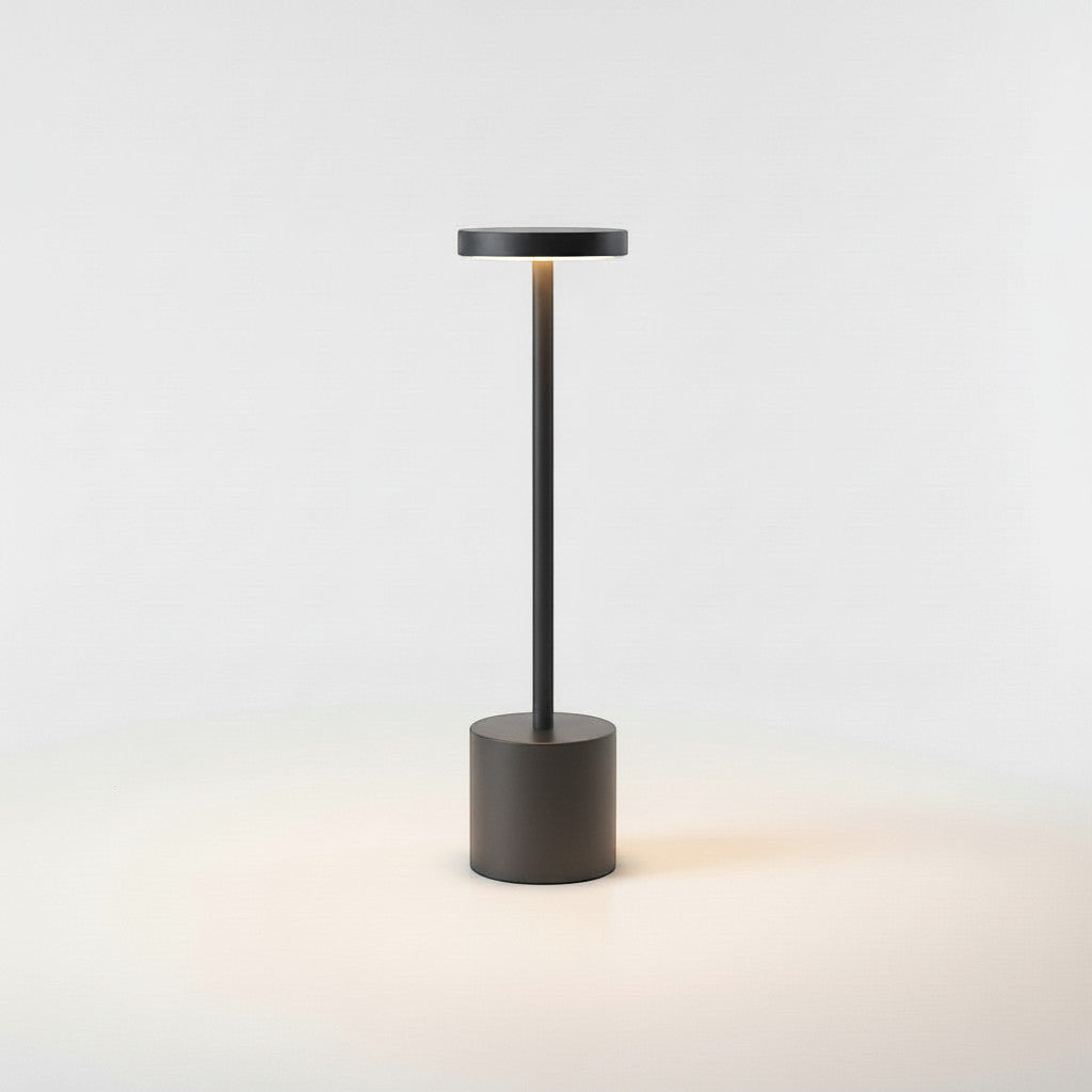 Lysverden black cordless disc-top table lamp with touch control and 3-level dimming. Available in 3 sizes.