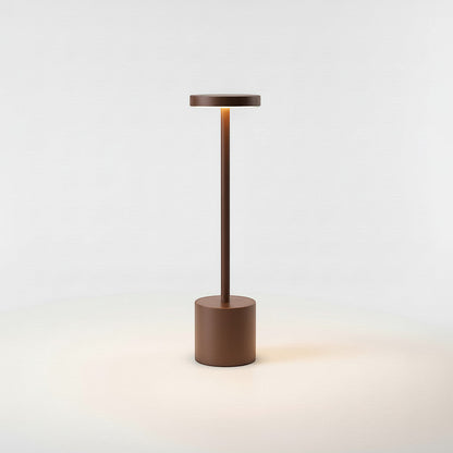 Lysverden cordless disc-top table lamp in brown aluminum with touch control and 3-level dimming.