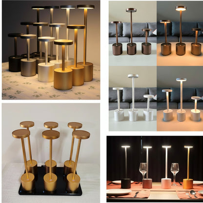 Lysverden cordless disc-top table lamp in gold, silver, and bronze finishes. Available in 3 sizes with touch control and dimming.