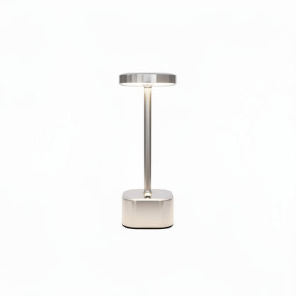 Lysverden cordless gold aluminum table lamp with square base, touch control, 4 color temperatures, and Qi wireless charging.