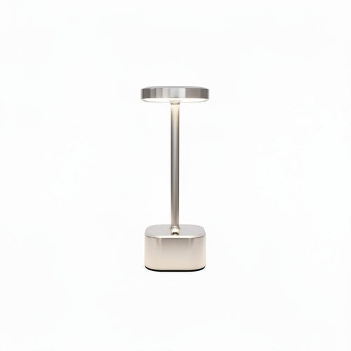 Lysverden cordless gold aluminum table lamp with square base, touch control, 4 color temperatures, and Qi wireless charging.