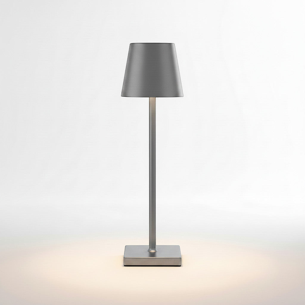 Lysverden grey aluminum cordless restaurant lamp with touch control and dimming, 3000K warm light, 5200 mAh battery.
