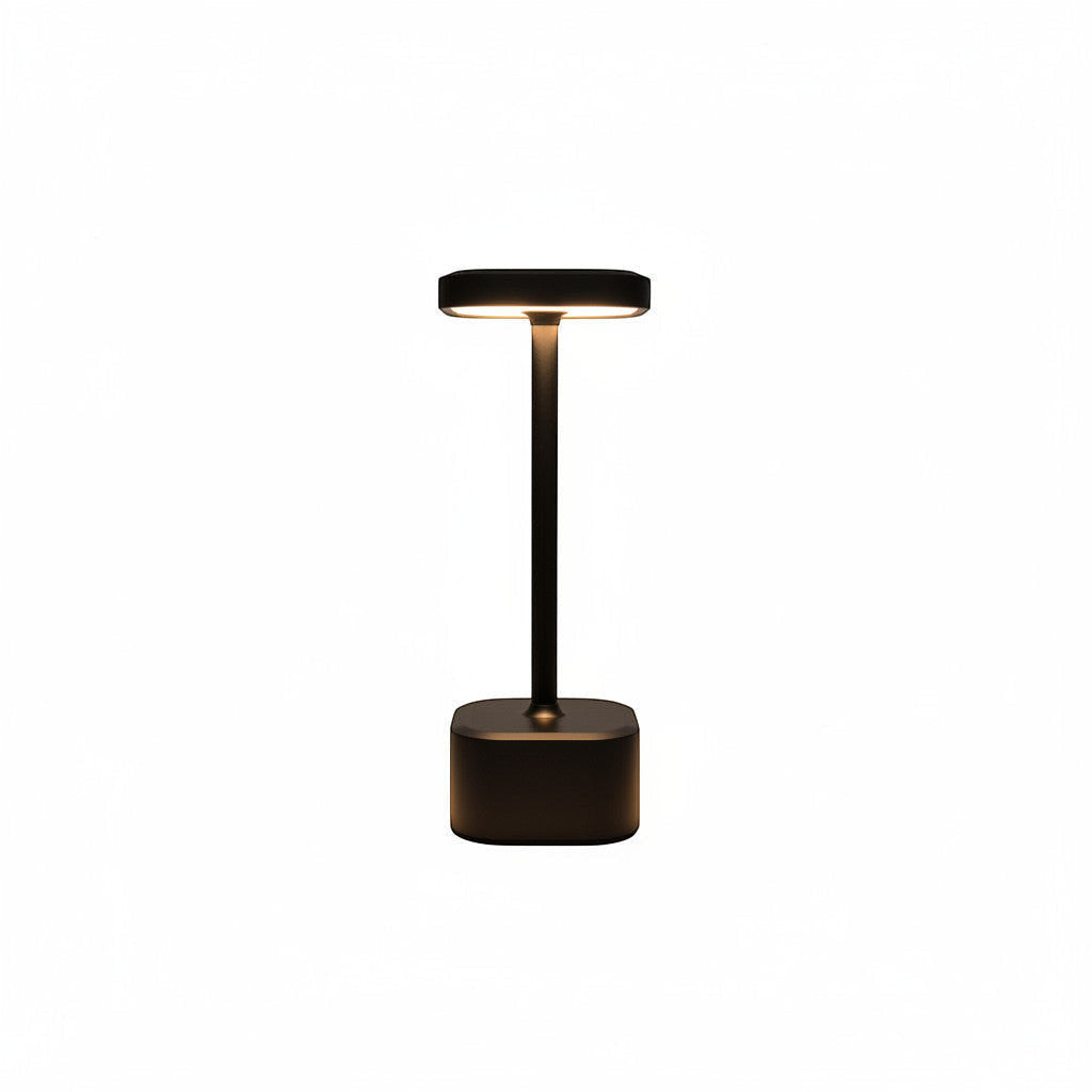Lysverden cordless square-top table lamp in black aluminum with touch control and 4 color temperatures.
