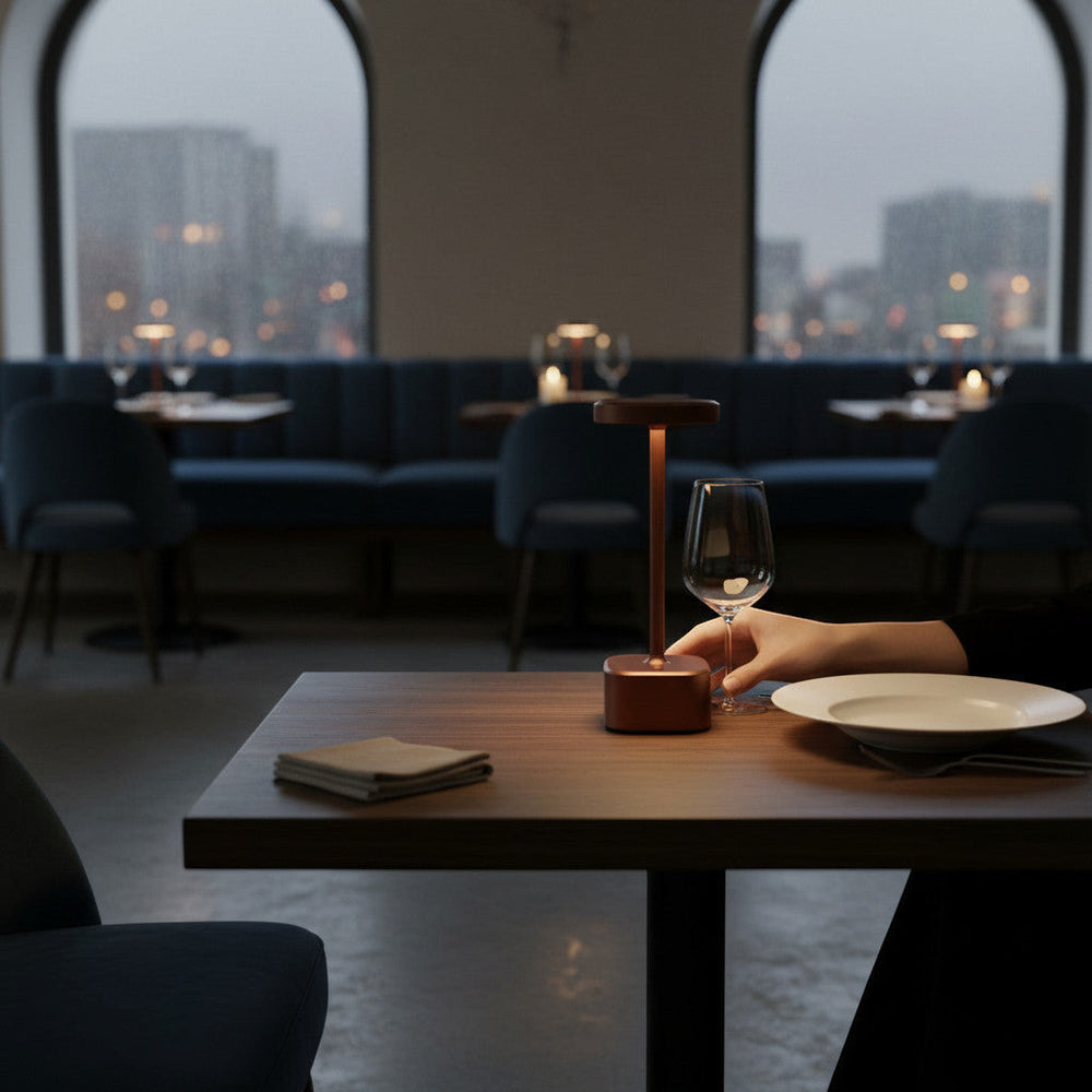 Lysverden cordless table lamp with square base, round top, and bronze finish. Features 4 color temperatures and dimming.