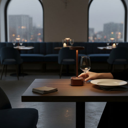 Lysverden cordless table lamp with square base, round top, and bronze finish. Features 4 color temperatures and dimming.