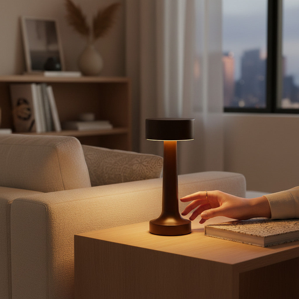 Lysverden cordless table lamp in brushed aluminum with disc top and silicone base, 4 color temperatures, 3-level dimming, Qi charging.