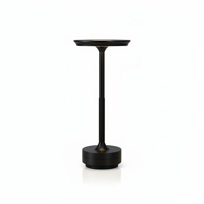 Lysverden cordless table lamp in brushed aluminum with flat disc top, touch control, and 3 color temperatures.
