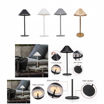 Lysverden cordless table lamp with conical ABS shade, metal base, touch control, dimmable, 3000K warm light, 4000mAh battery.