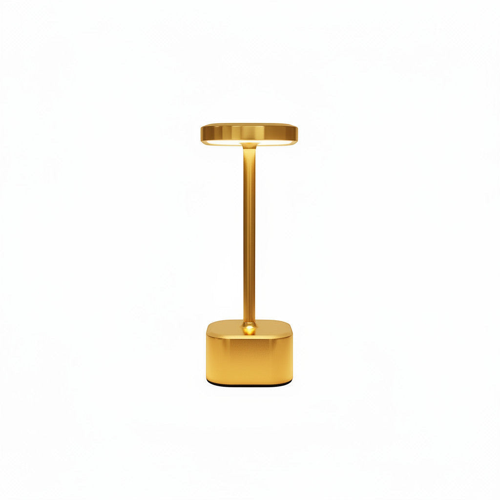 Lysverden cordless table lamp with square base and disc top, 4 color temperatures, dimmable, Qi charging. Aluminum and PC.