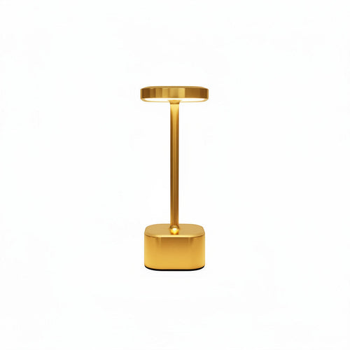 Lysverden cordless table lamp with square base and disc top, 4 color temperatures, dimmable, Qi charging. Aluminum and PC.