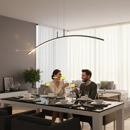 Lysverden black curved LED pendant light hanging over a modern dining table with a couple dining in a bright room.