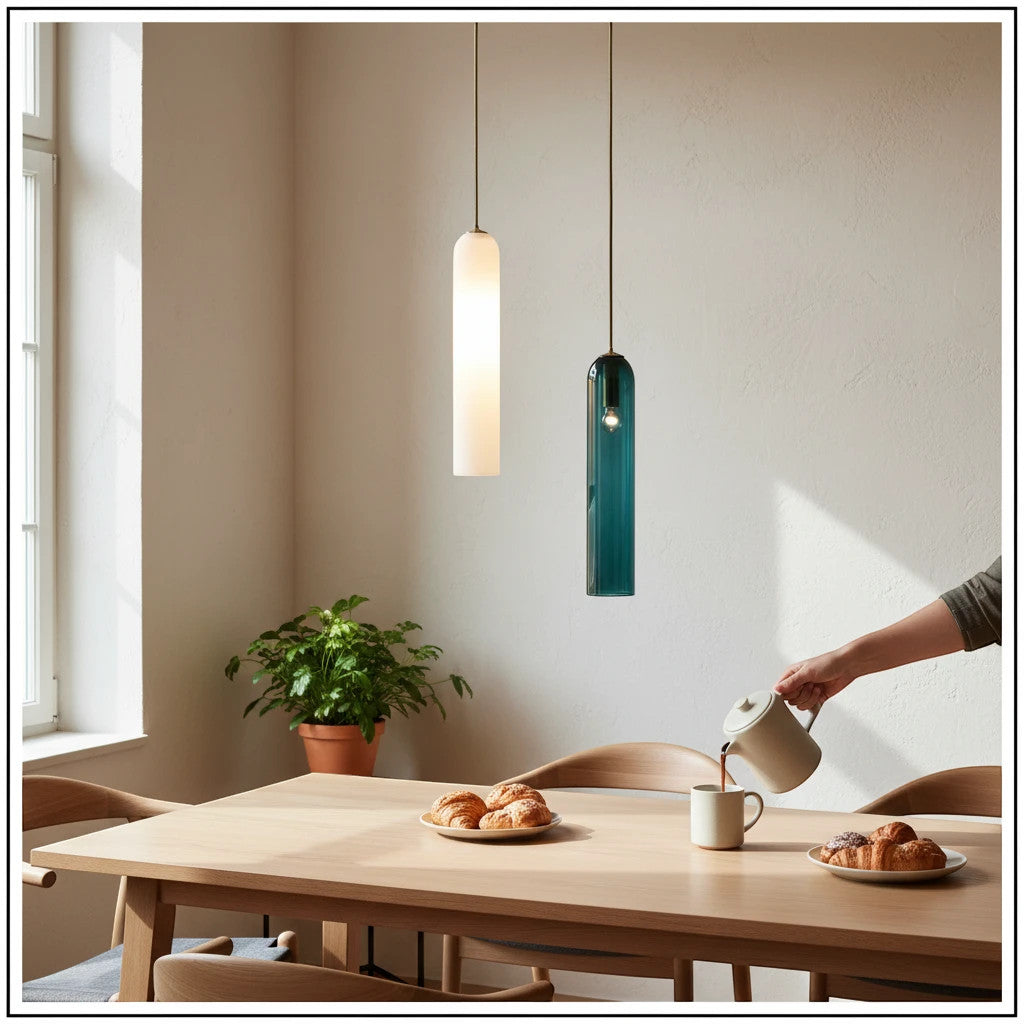 Lysverden minimalist cylinder pendant lights in white and blue hanging over a wooden dining table in a modern room