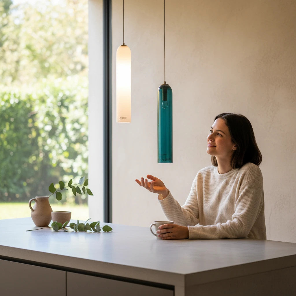 Lysverden modern cylinder pendant lights in white and blue hanging over a kitchen island with a woman sitting nearby.