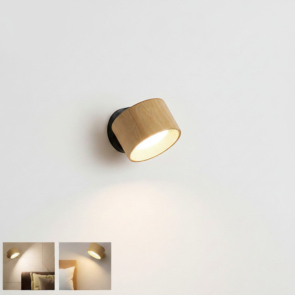 Lysverden cylindrical wall spotlight with wood-look finish, touch control, 360° rotation, and remote control.