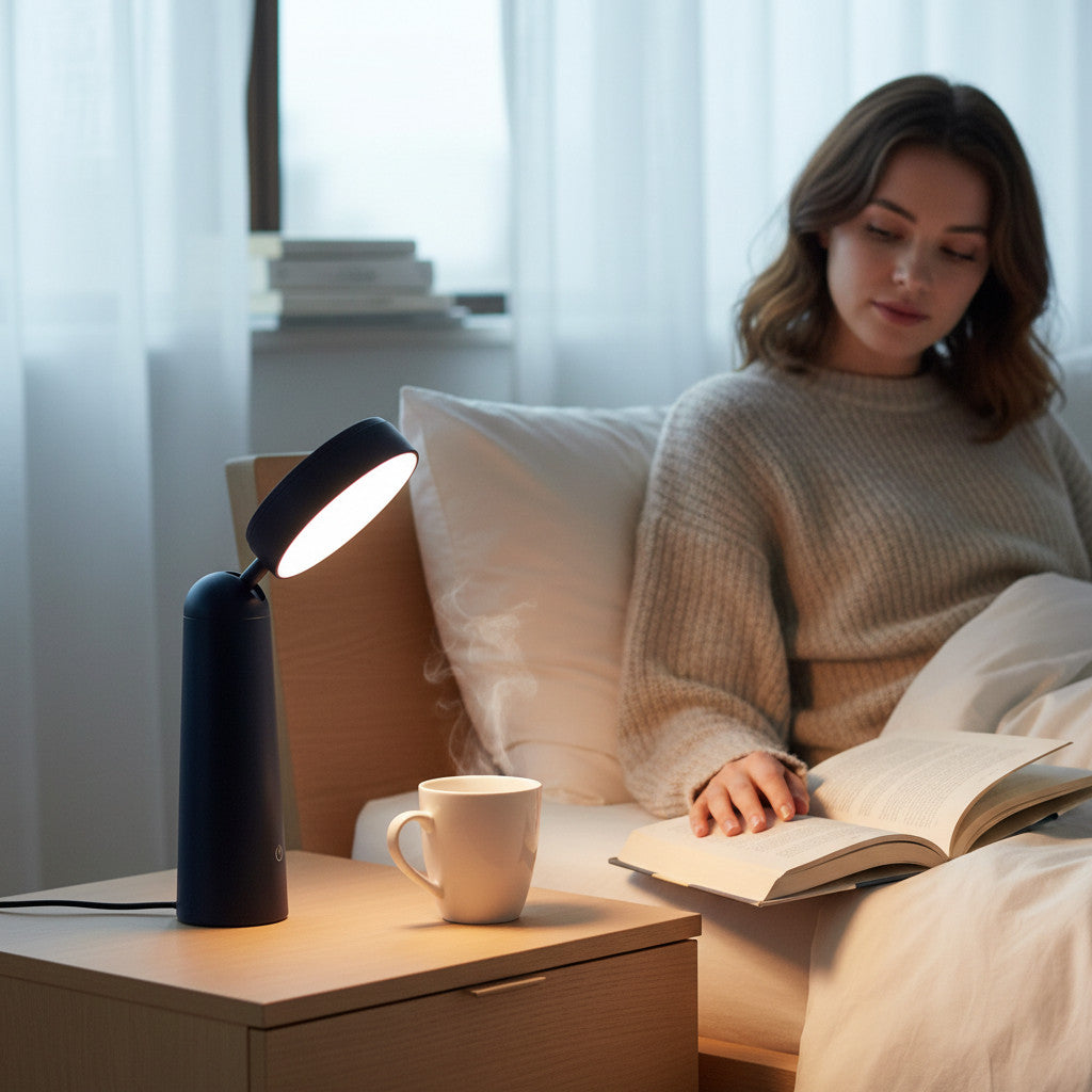 Lysverden dark blue ABS desk lamp with touch control, 3 color temperatures, and dimmable brightness.
