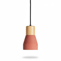 Lysverden small dark red metal pendant lamp with a light wood top, perfect for Japandi or Nordic kitchen lighting.
