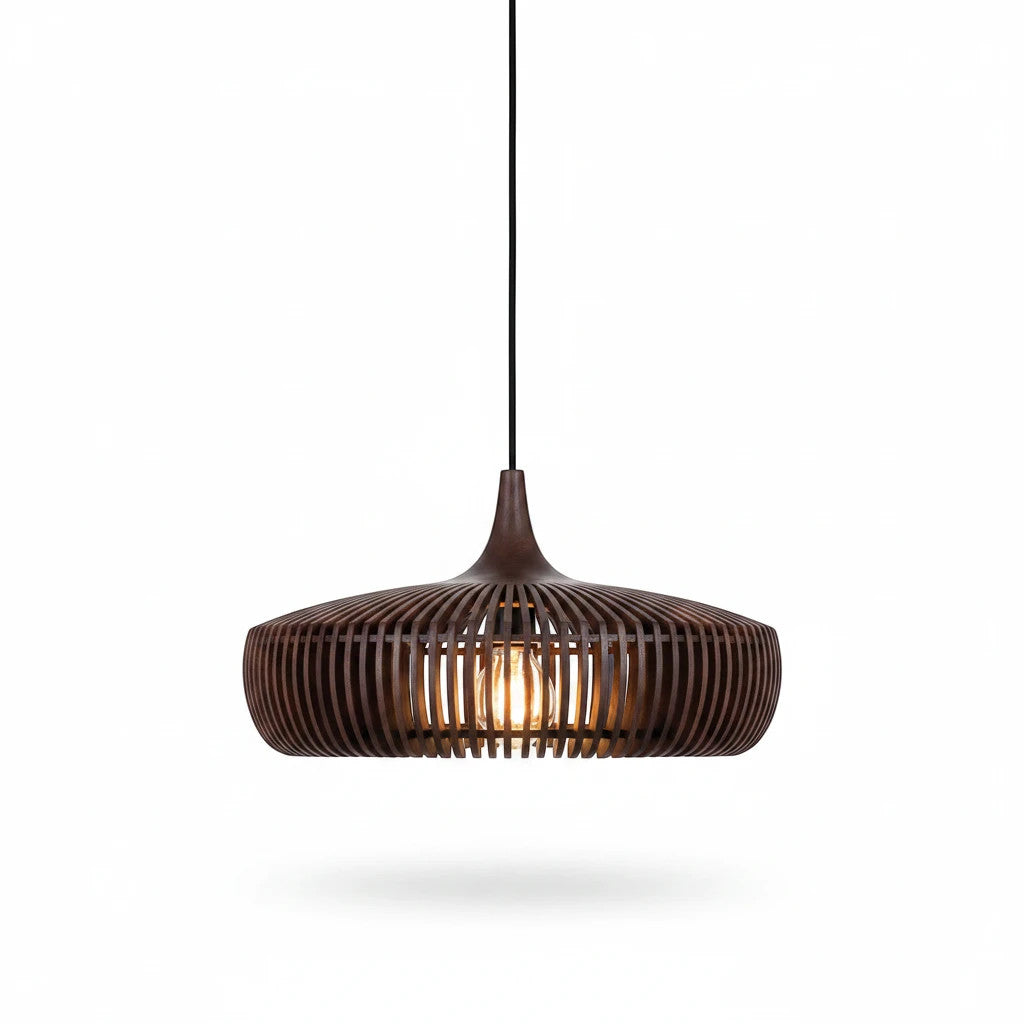 Lysverden dark wood ribbed dome pendant light with a warm glowing bulb in a Scandinavian Japandi style.