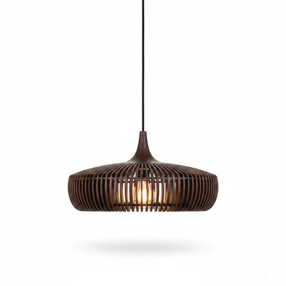 Lysverden dark wood ribbed dome pendant light with a warm glowing bulb in a Scandinavian Japandi style.