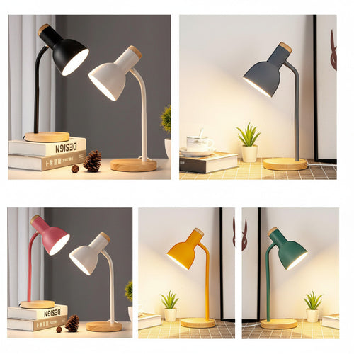 Lysverden desk lamp with flexible arm, E27 socket, and wood base. Available in macaron colors.