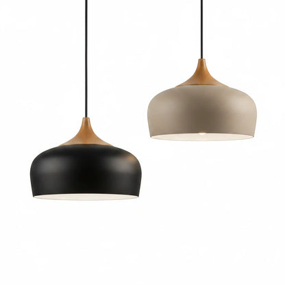Lysverden Scandinavian dome pendant lights in black and beige aluminium with warm wood details on a white background.