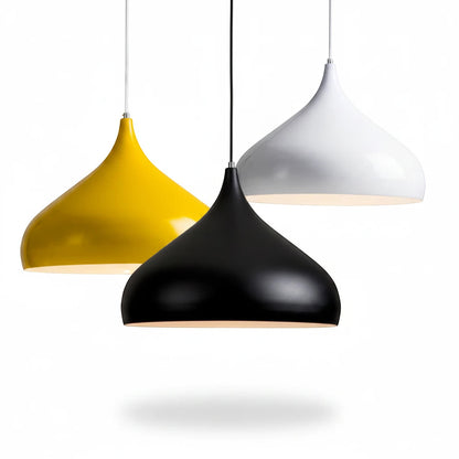 Lysverden dome pendant lights in yellow, black, and white matte metal hanging against a white background.