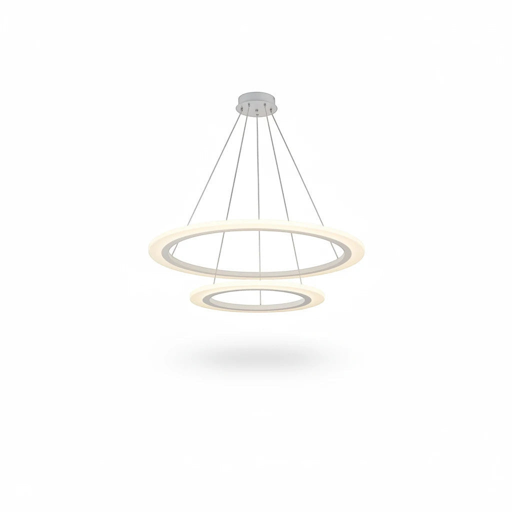 Lysverden moderne dobbel ring-LED-pendel i hvit akryl med justerbart lys fra varmt til kaldt, til stuen.
