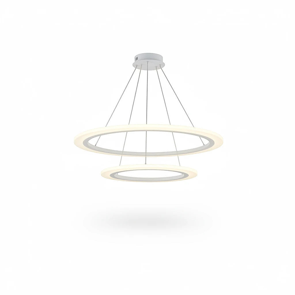 Lysverden moderne dobbel ring-LED-pendel i hvit akryl som gir jevn og blendfri belysning.