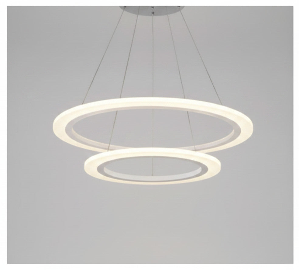 Lysverden modern double ring LED pendant light in white acrylic, providing soft and even illumination.