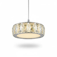 Lysverden drum pendant light with a patterned glass shade and chrome frame for elegant dining room lighting