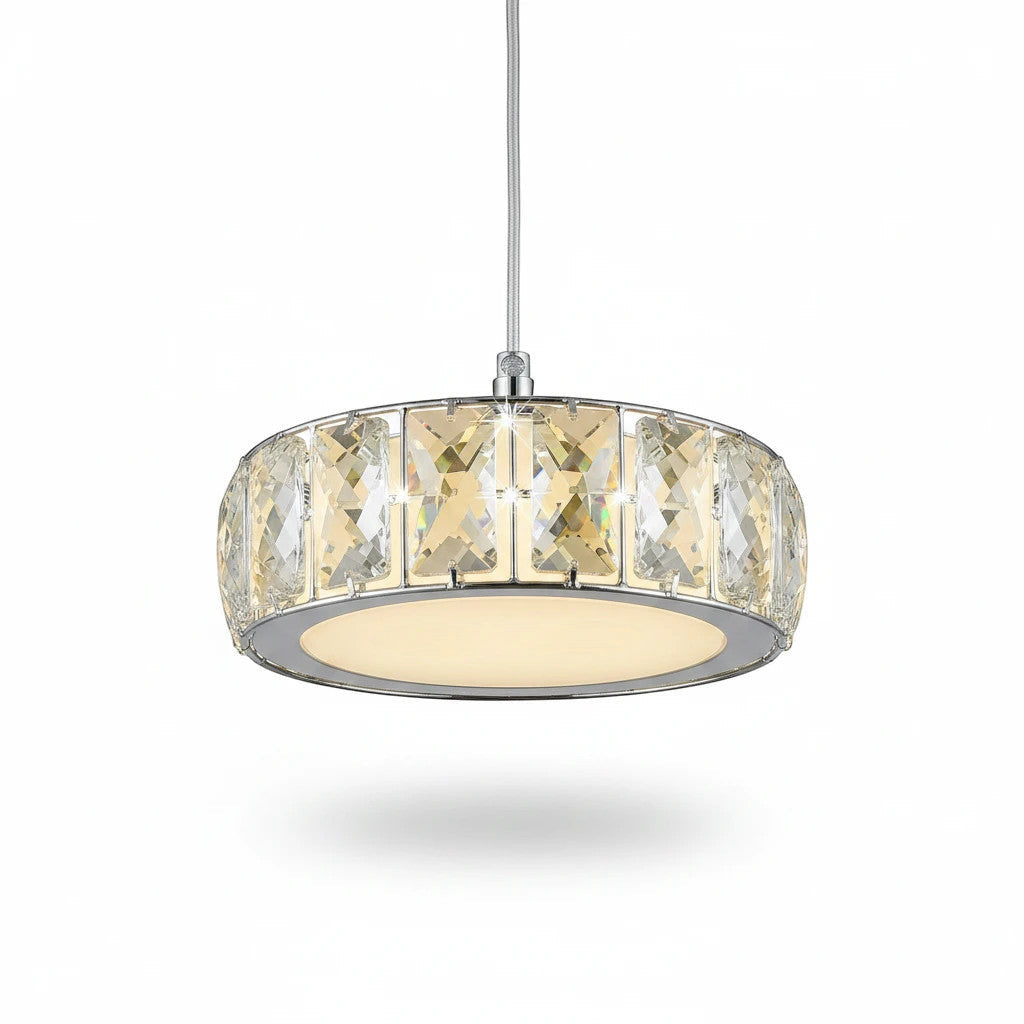 Lysverden drum pendant light with a patterned glass shade and chrome frame for elegant dining room lighting
