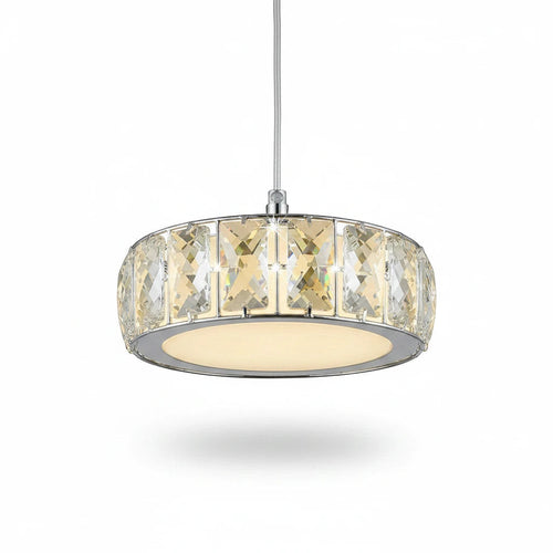 Lysverden drum pendant light with a patterned glass shade and chrome frame for elegant dining room lighting