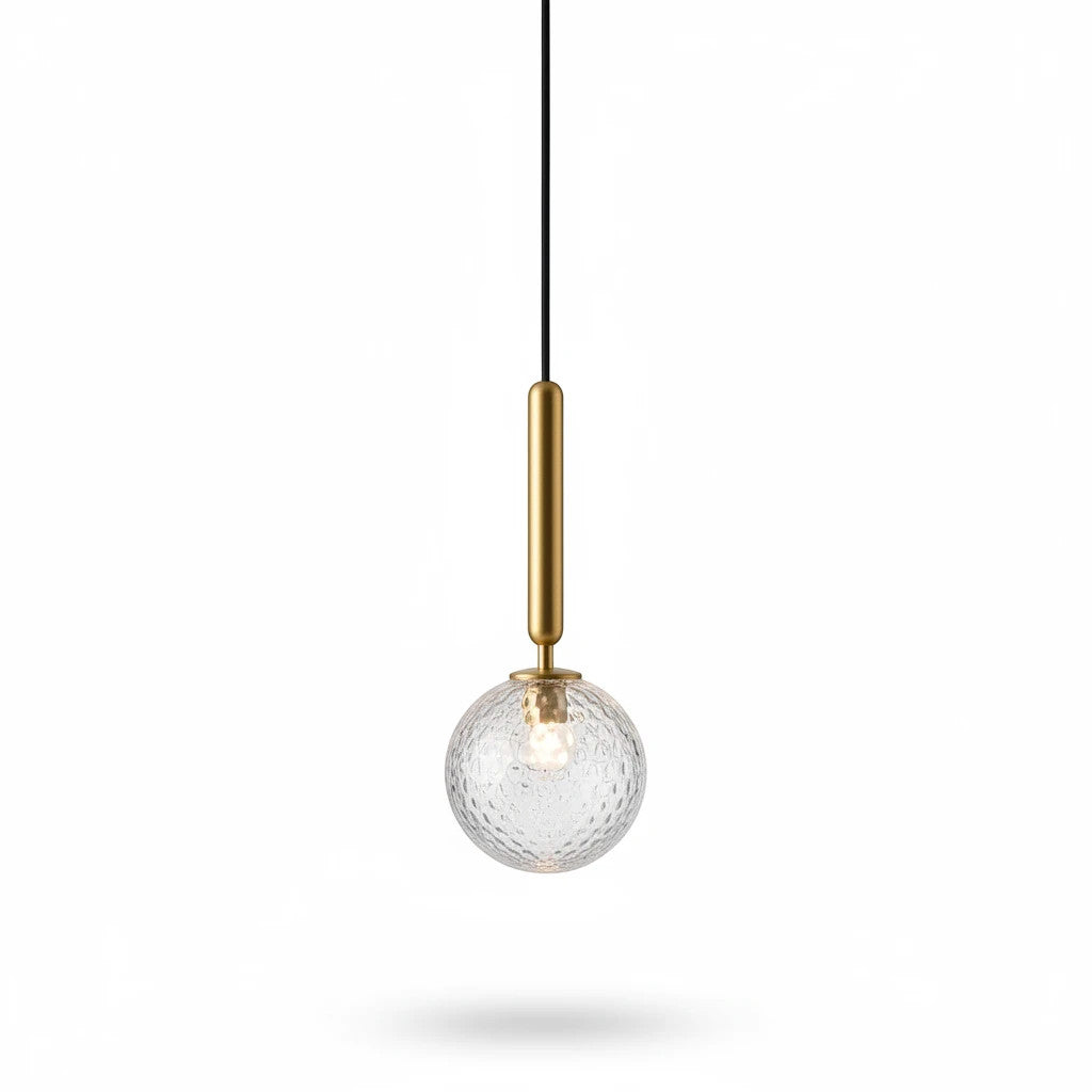 Lysverden glass pendant lamp with a faceted clear glass sphere, gold stem, and black cord for elegant modern lighting.