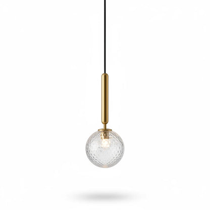 Lysverden glass pendant lamp with a faceted clear glass sphere, gold stem, and black cord for elegant modern lighting.