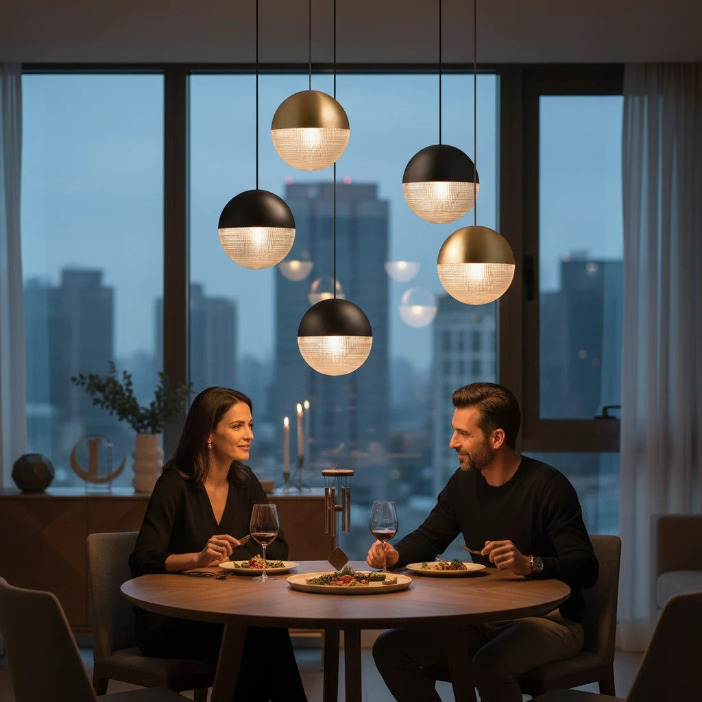 Lysverden faceted glass pendant lights with gold and black tops hanging over a dining table in a modern apartment.