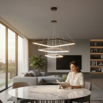 Lysverden square LED ring pendant light with concentric frames hanging over a marble dining table in a modern home.