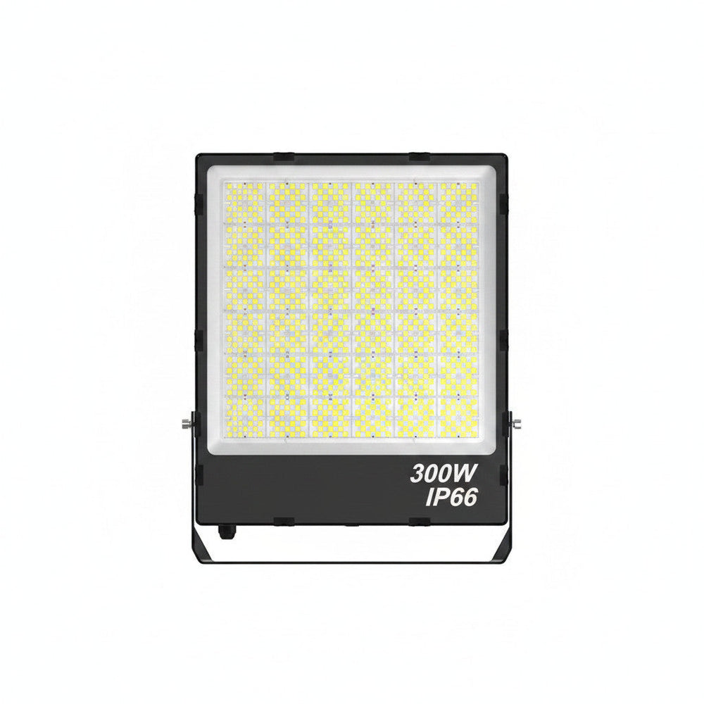 Lysverden FL16 LED floodlight, 300W, IP66 rated, with adjustable color temperature and 200 lm/W efficiency. Black aluminum housing.