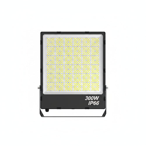 Lysverden FL16 LED floodlight, 300W, IP66 rated, with adjustable color temperature and 200 lm/W efficiency. Black aluminum housing.