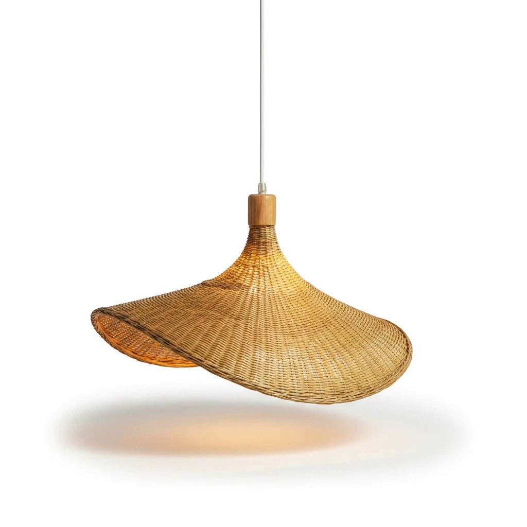 Lysverden flat rattan pendant lamp with a wide hat-shaped shade in natural light wood, perfect for Japandi interiors.