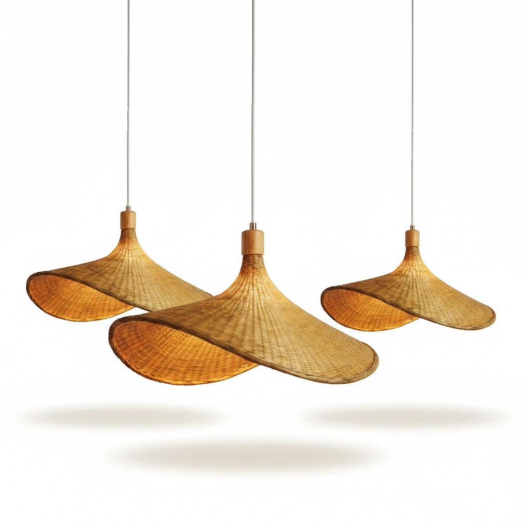 Lysverden hand-woven rattan pendant lamps with a flat, wide hat-shaped design in a natural light wood finish.