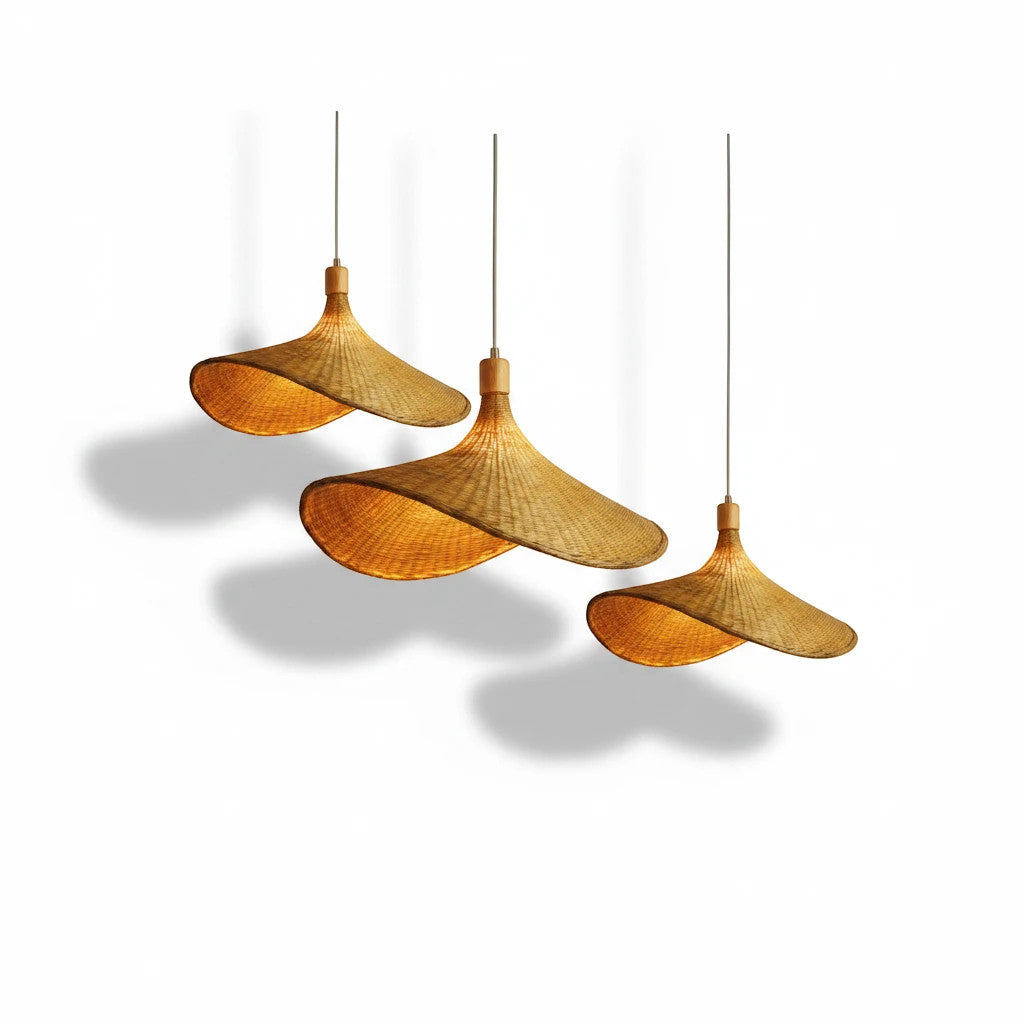 Lysverden hand-woven rattan pendant lights in a flat hat shape with a natural finish, perfect for Japandi interiors.